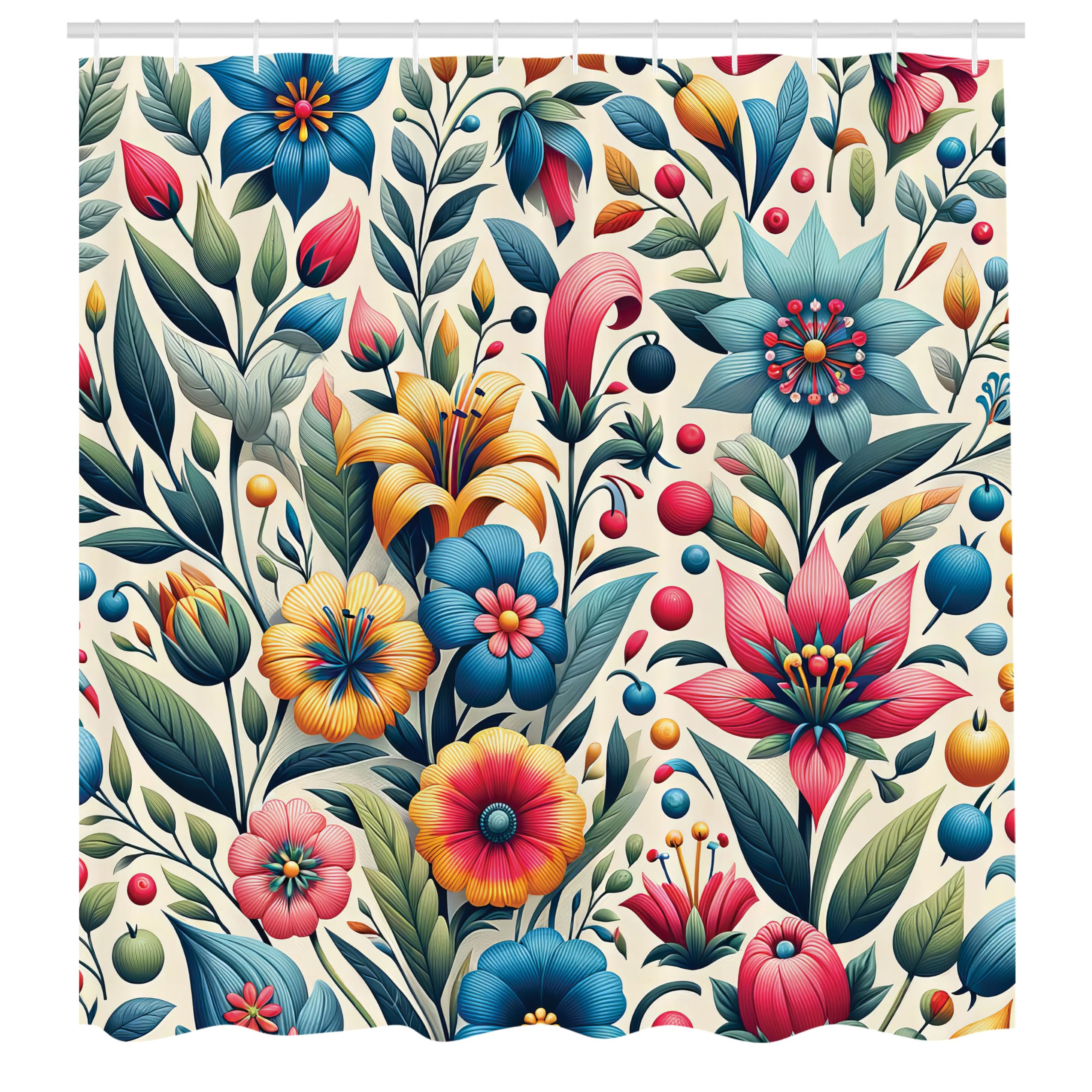 Ambesonne Colorful Shower Curtain, Modern Scandi Vibe Flowering Botany Pattern With Leaves On Creamy Back, Cloth Fabric Bathroom